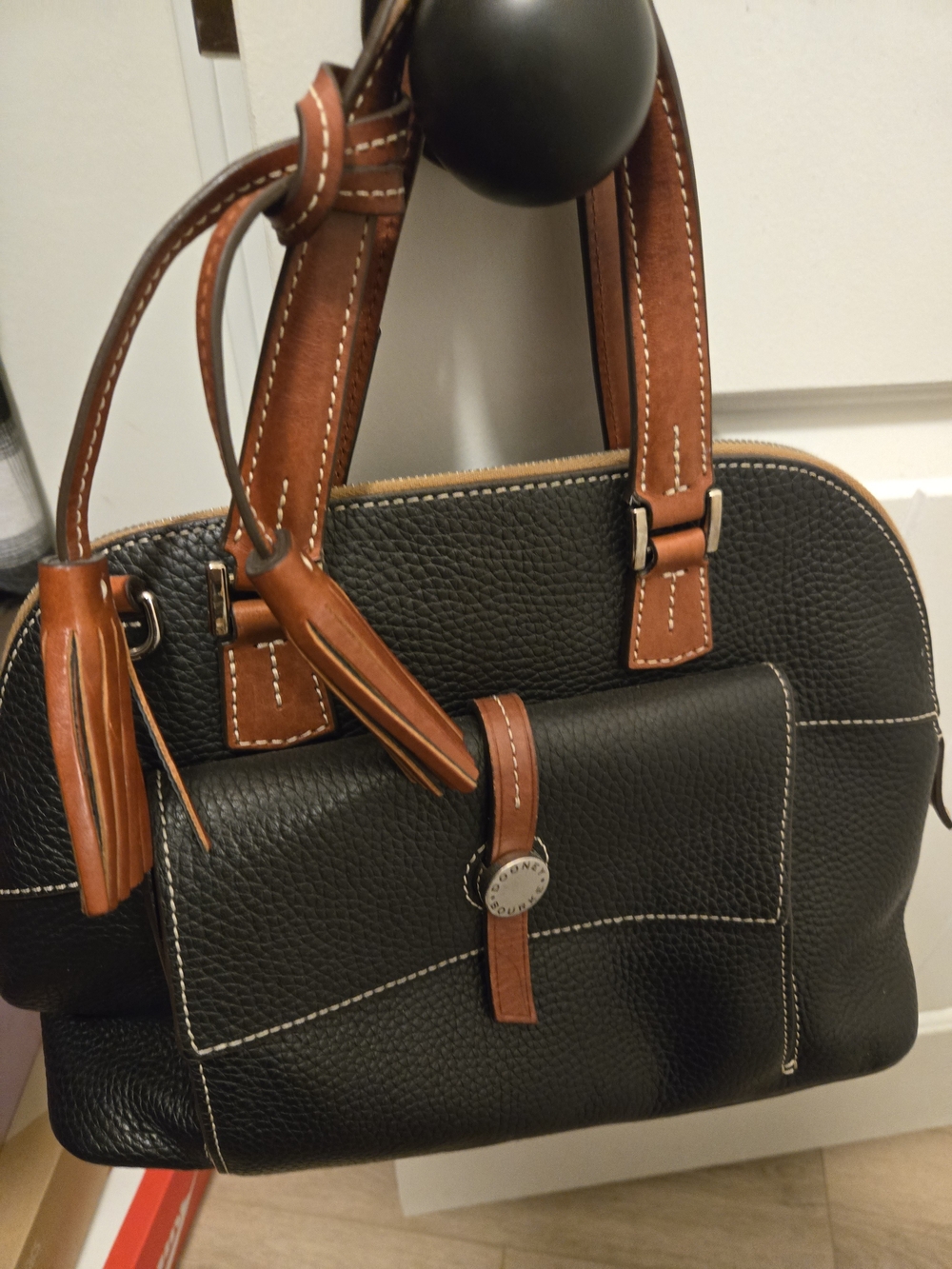 Dooney & Bourke Black Pebbled Leather Satchel with Brown Trim - Picture 3 of 7